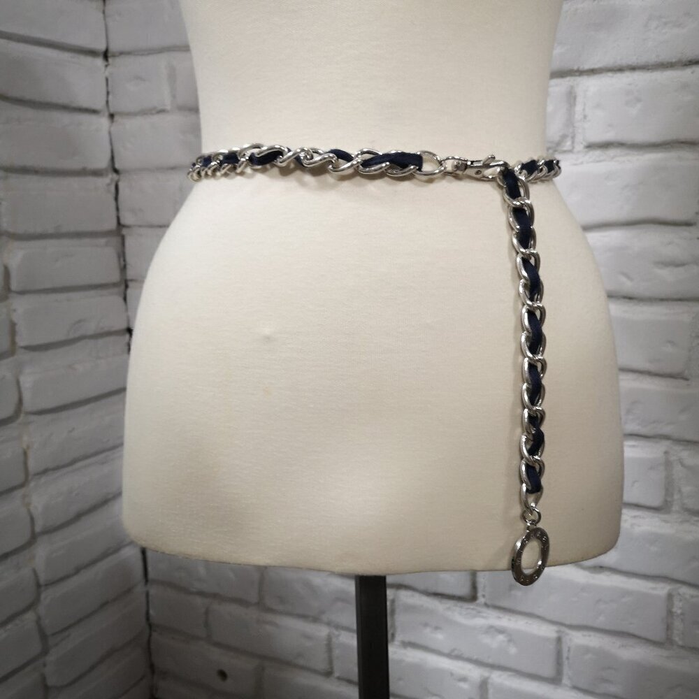 Michael Kors Adjustable Silver Tone Chain Link with a Navy Material Weave Belt